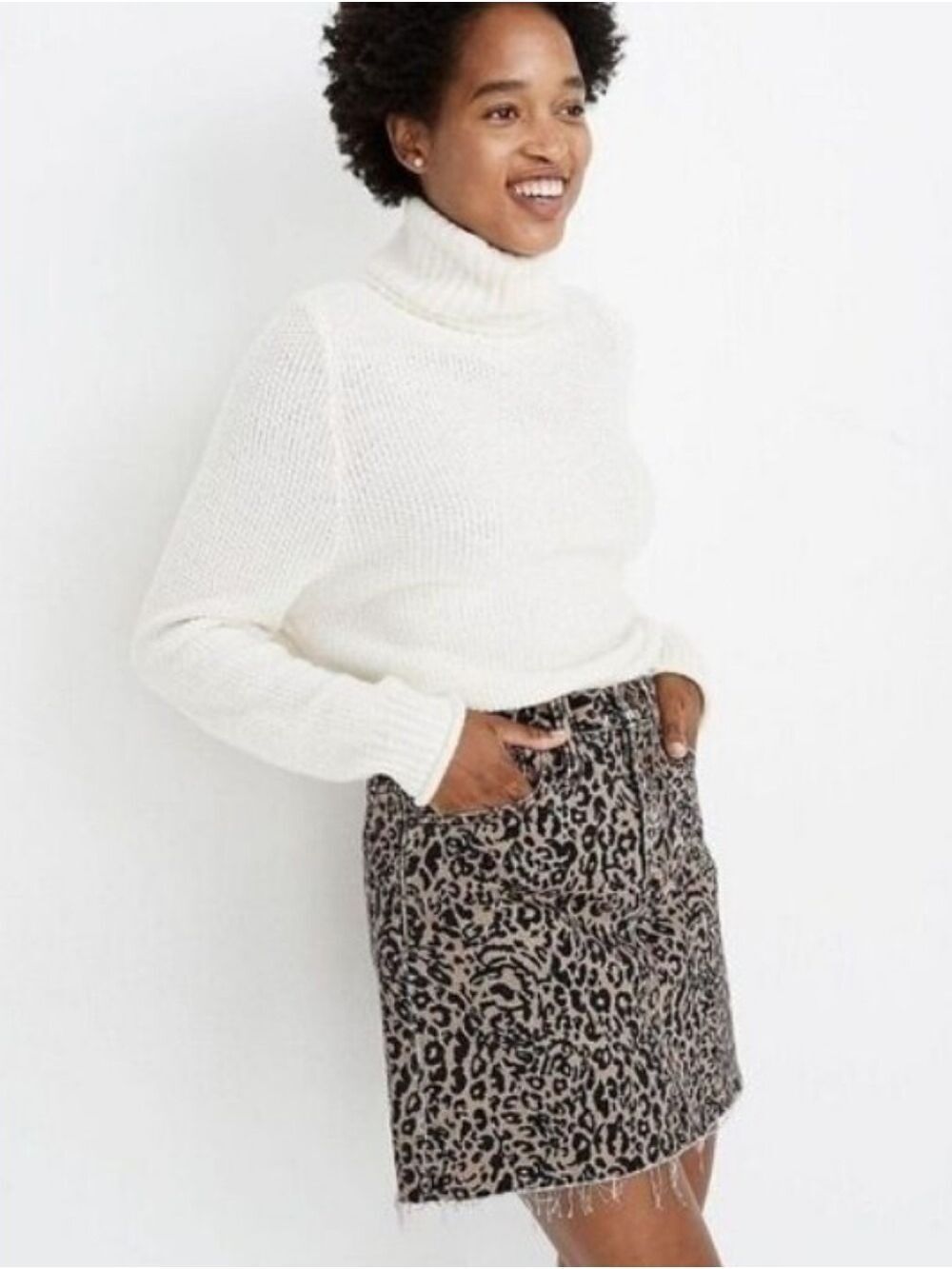 Madewell Women's Leopard Print Rigid Denim A-Line Raw Hem Mini Skirt 26
